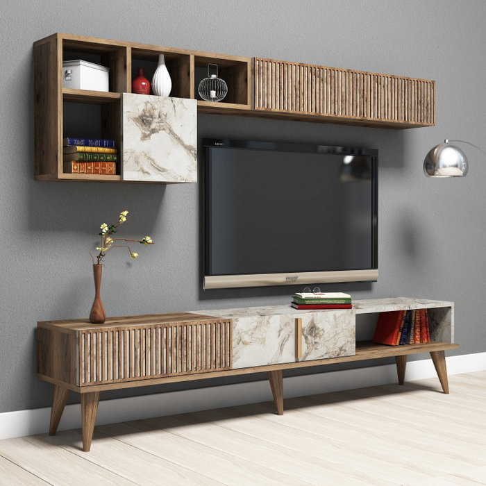 Hanah Home Milan - Unidad de TV Nogal y Blanco con Estanterías Hanah Home Milan - Unidad de TV Nogal y Blanco con Estanterías